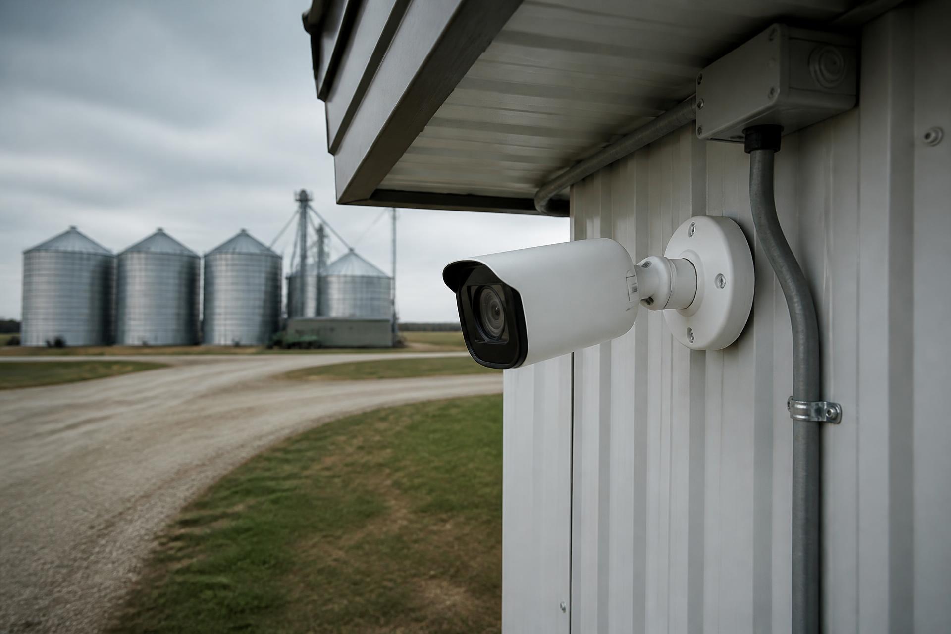 Security camera mounted on a metal farm building overlooking a Nebraska farmyard at dusk